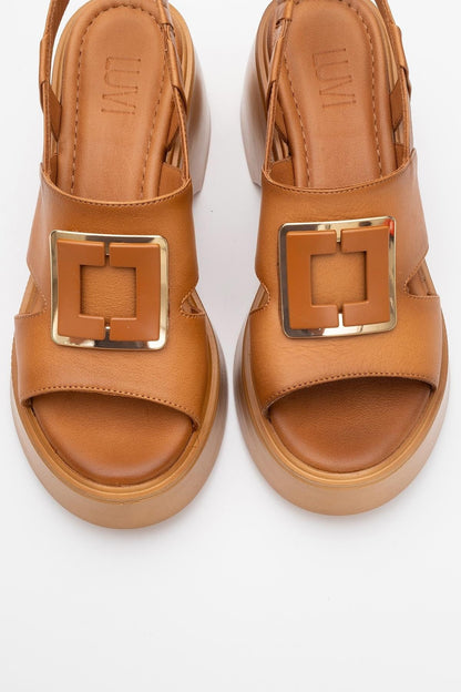 Lucia Cognac Brown Leather Buckle Platform Sandal (Women)