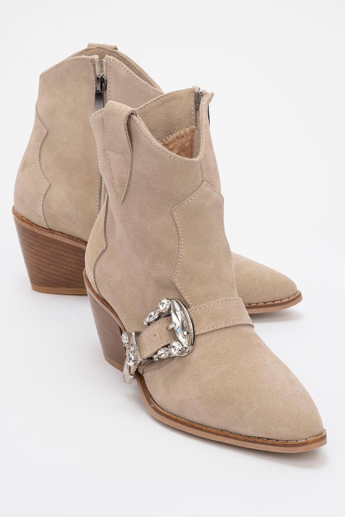 Any Beige Leather Jeweled Boot (Women)