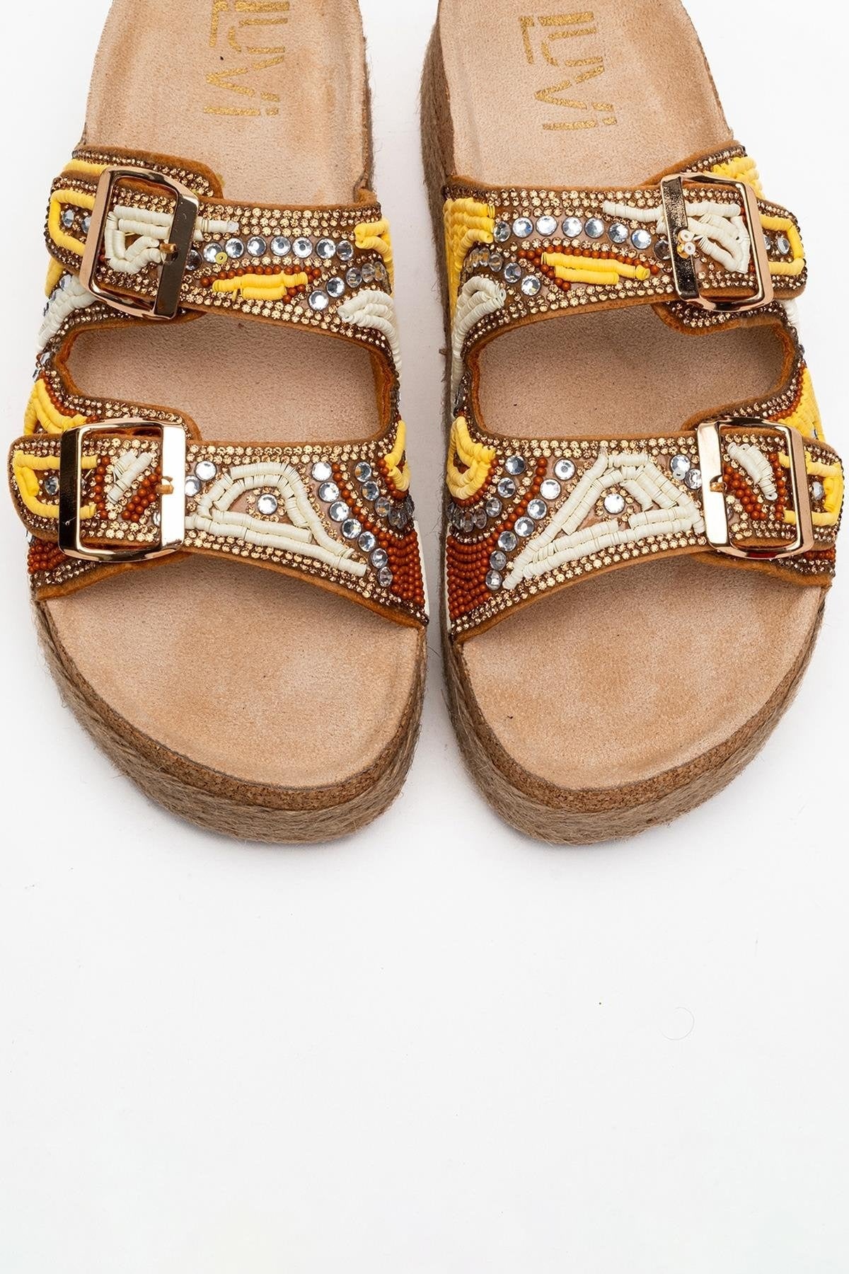 Bobby Yellow Beaded Straw Platform Slide (Women)