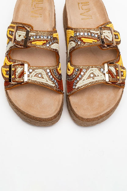 Bobby Yellow Beaded Straw Platform Slide (Women)