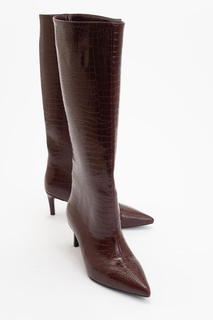 Camila Burgundy Printed Knee High Boot (Women)