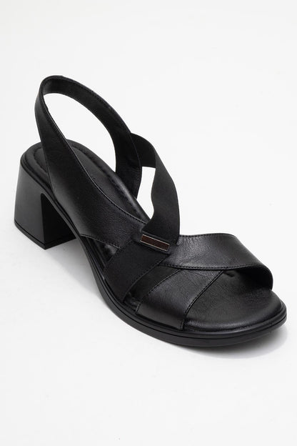 Crina Black Elasticated Leather Chunky Heel Sandal (Women)