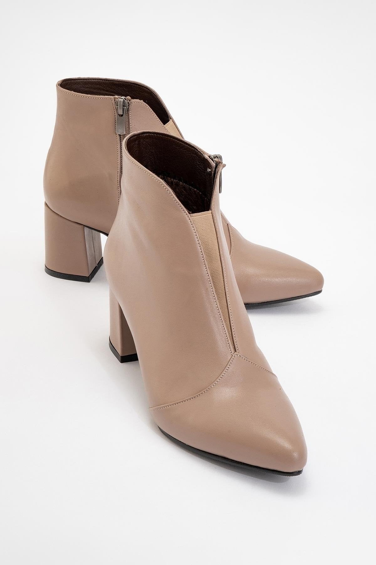 Finda Dark Beige Leather Block‑Heel Boot (Women)