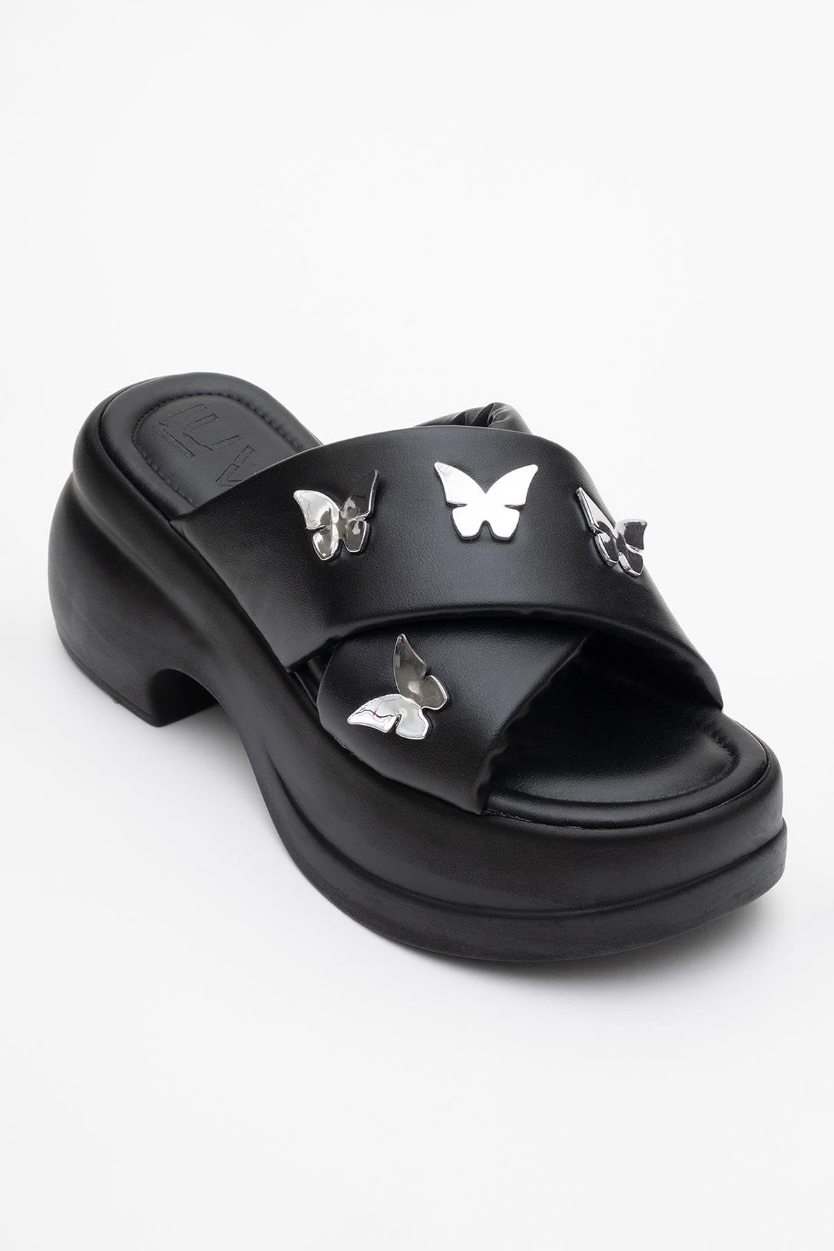 Force Black Butterfly‑Buckle Platform Slide (Women)