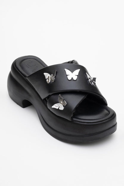 Force Black Butterfly‑Buckle Platform Slide (Women)