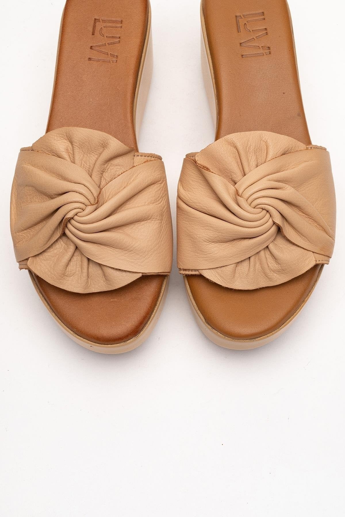 Syndra - Dark Beige Bow Wedge Leather Sandal (Women)