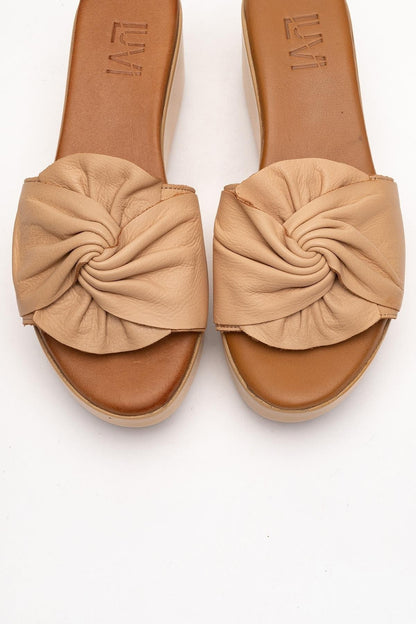 Syndra - Dark Beige Bow Wedge Leather Sandal (Women)