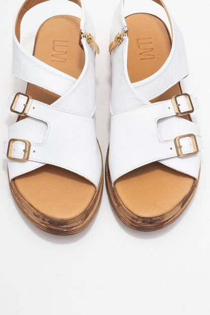 Levine White Leather Buckled Side-Zip Sandal (Women)