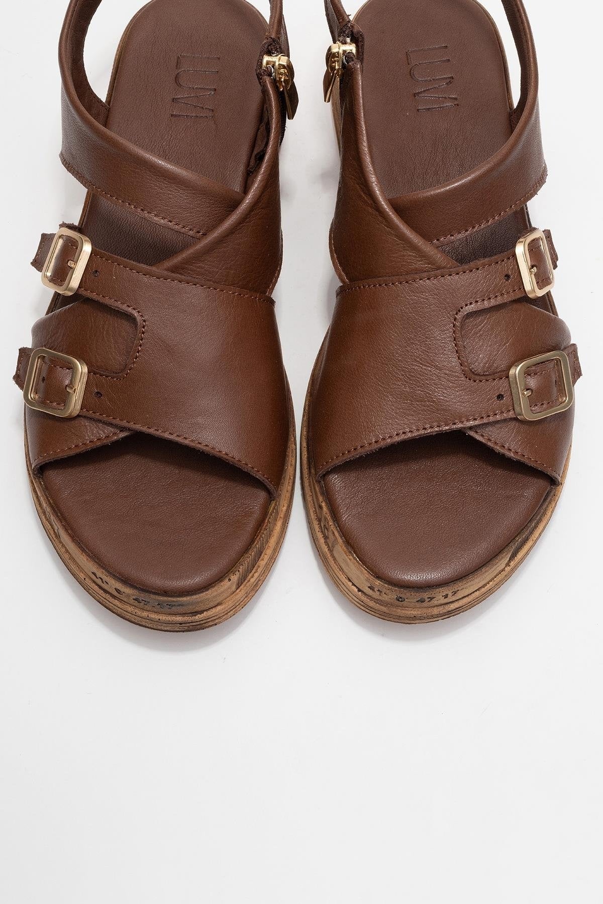 Levine Brown Leather Buckled Side-Zip Sandal (Women)