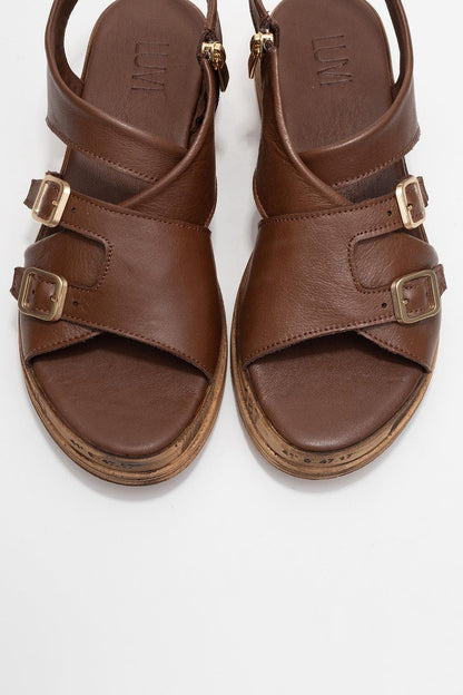 Levine Brown Leather Buckled Side-Zip Sandal (Women)