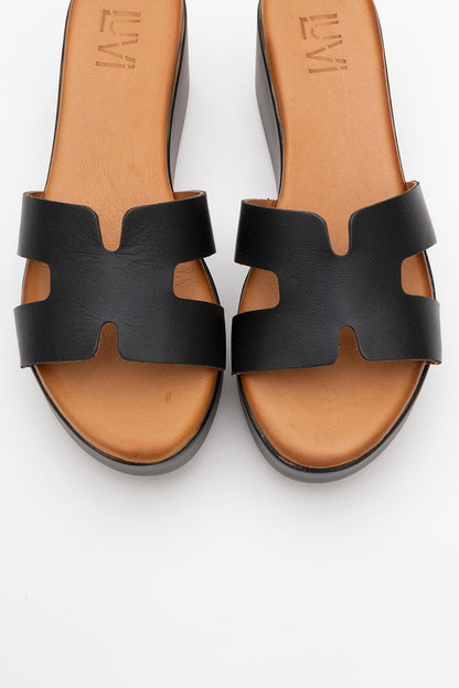 Lia Black Leather Platform Slide (Women)