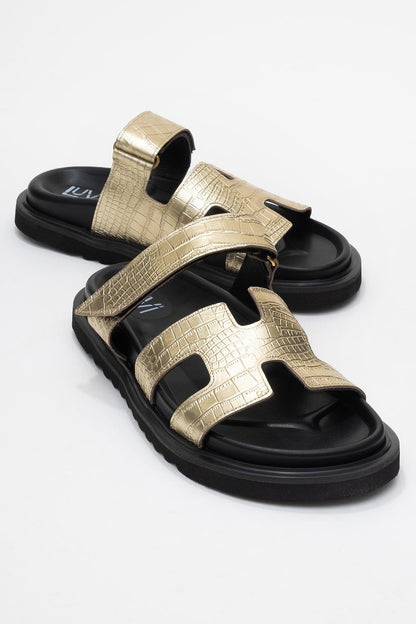 Loana Gold Leather Slide Sandal (Women)