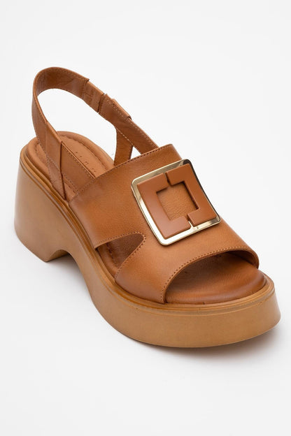 Lucia Cognac Brown Leather Buckle Platform Sandal (Women)