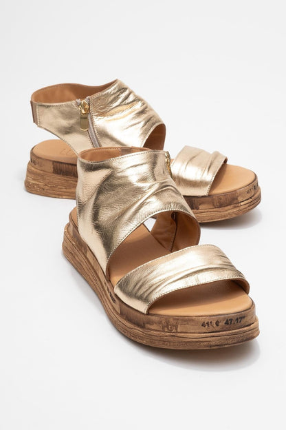 Lunas Gold Leather Side‑Zip Flat Heel Sandal (Women)