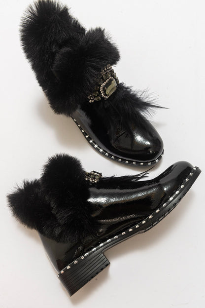 Polina Black Patent Fur Boots (Women)