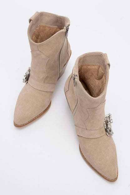 Any Beige Leather Jeweled Boot (Women)