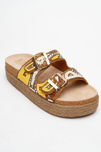 Bobby Yellow Beaded Straw Platform Slide (Women)