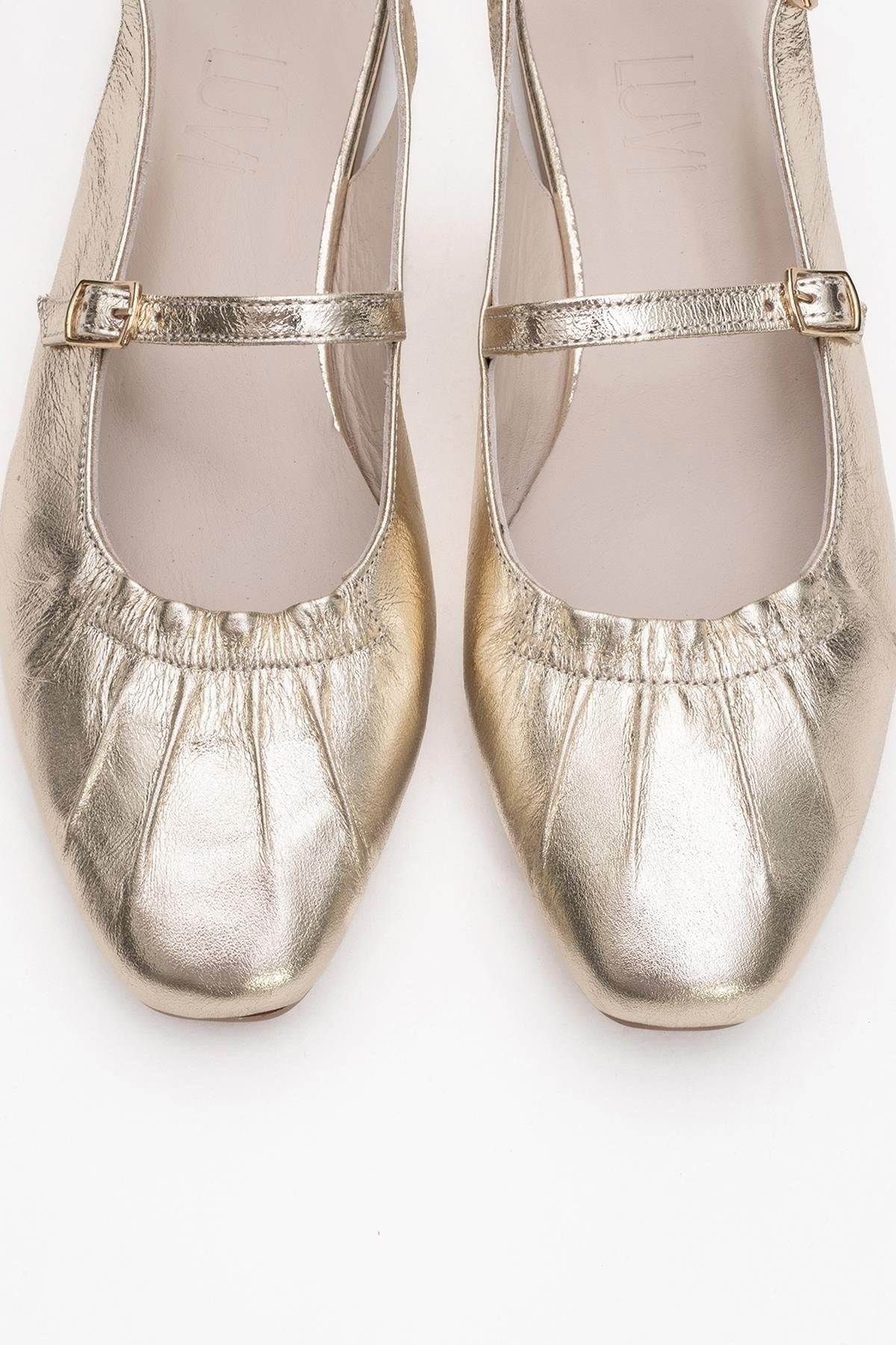 BRITNEY Gold Leather Closed-Toe Sandal (Women)