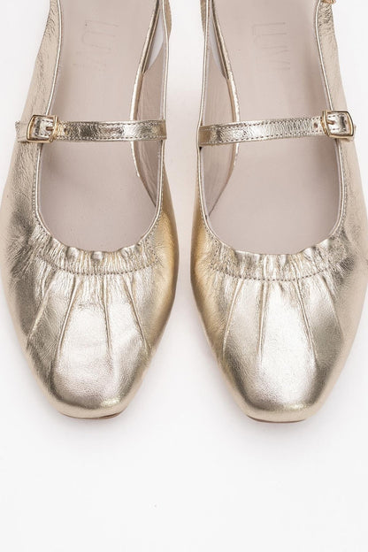 BRITNEY Gold Leather Closed-Toe Sandal (Women)