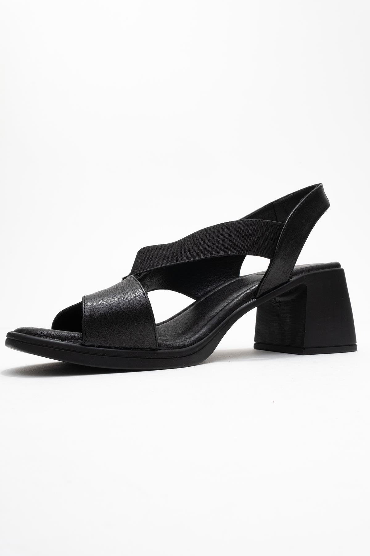 Crina Black Elasticated Leather Chunky Heel Sandal (Women)