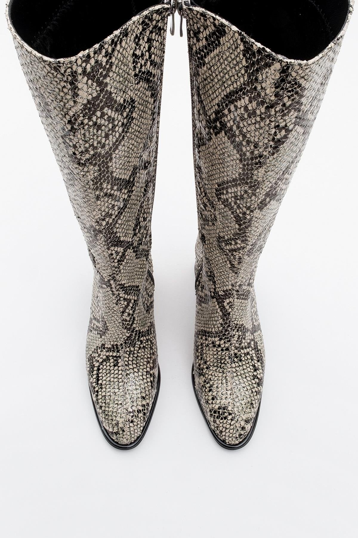 Elly Black White Pattern Block Heel Boot (Women)