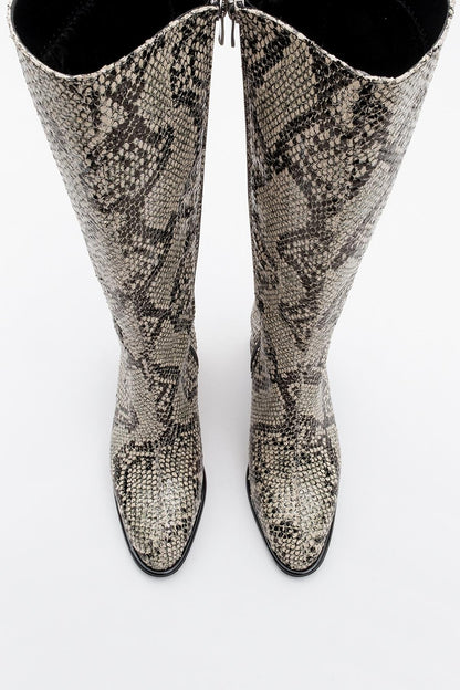 Elly Black White Pattern Block Heel Boot (Women)