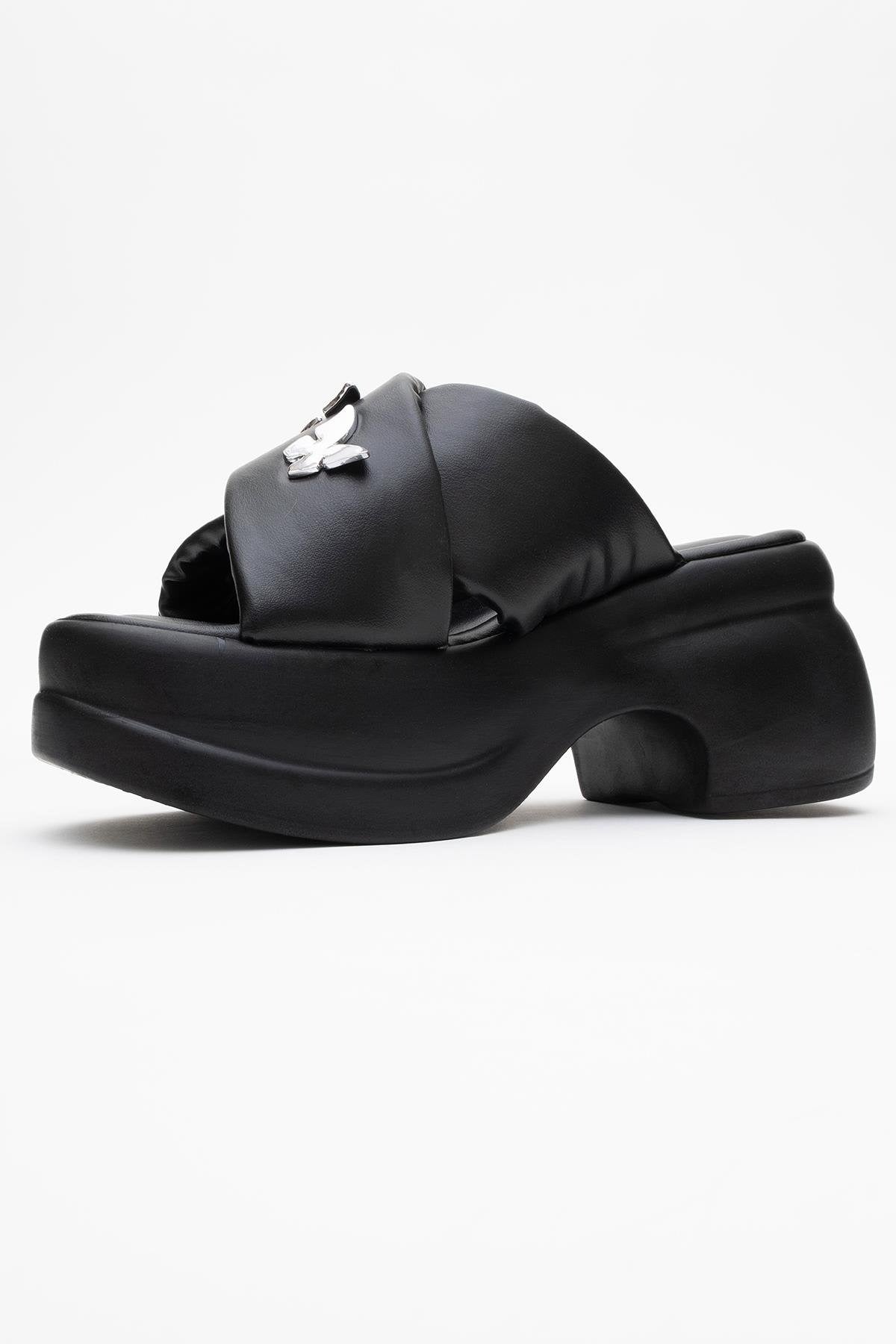 Force Black Butterfly‑Buckle Platform Slide (Women)