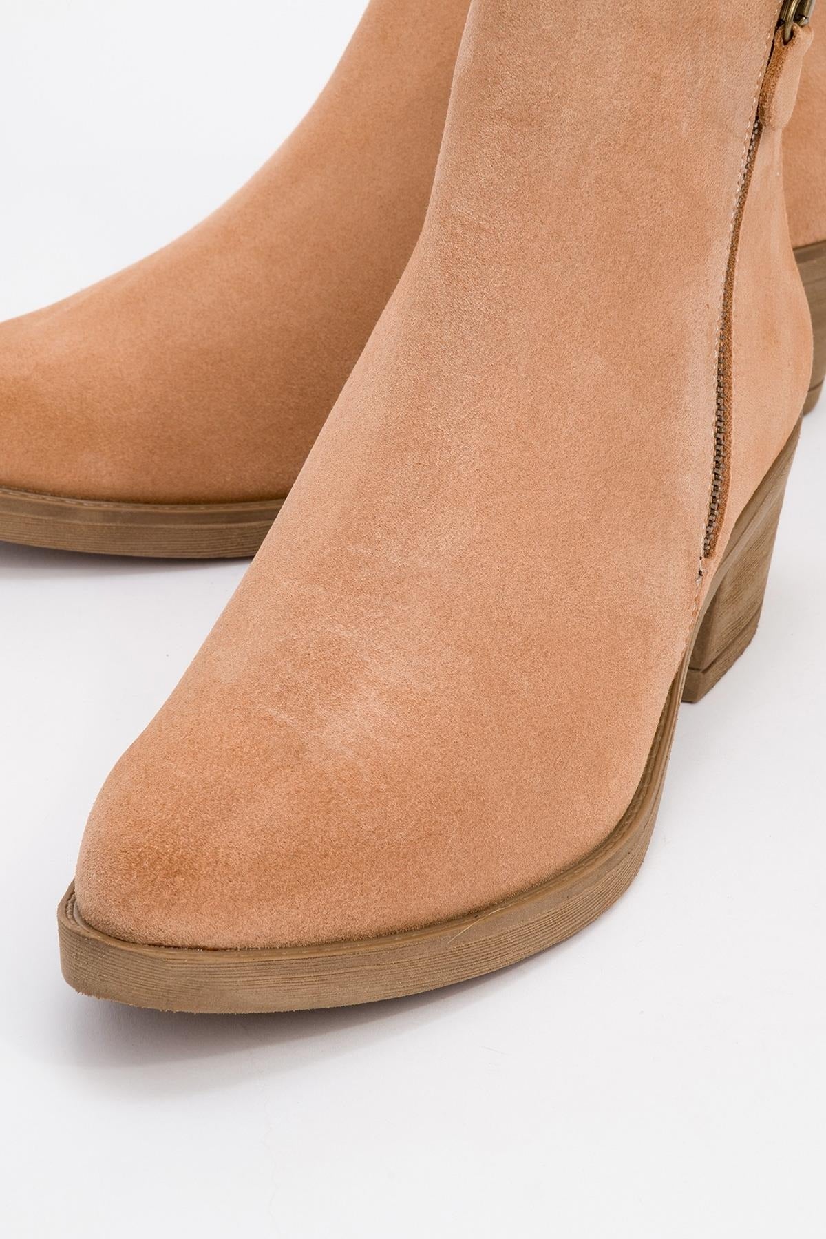 JAYER Dark Beige Leather Double-Zip Block Heel Boot (Women)