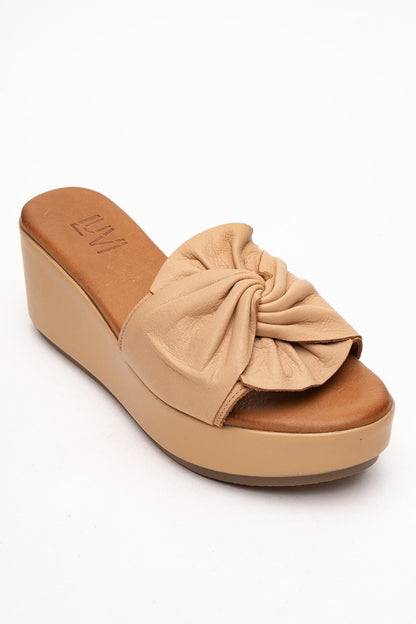 Syndra - Dark Beige Bow Wedge Leather Sandal (Women)