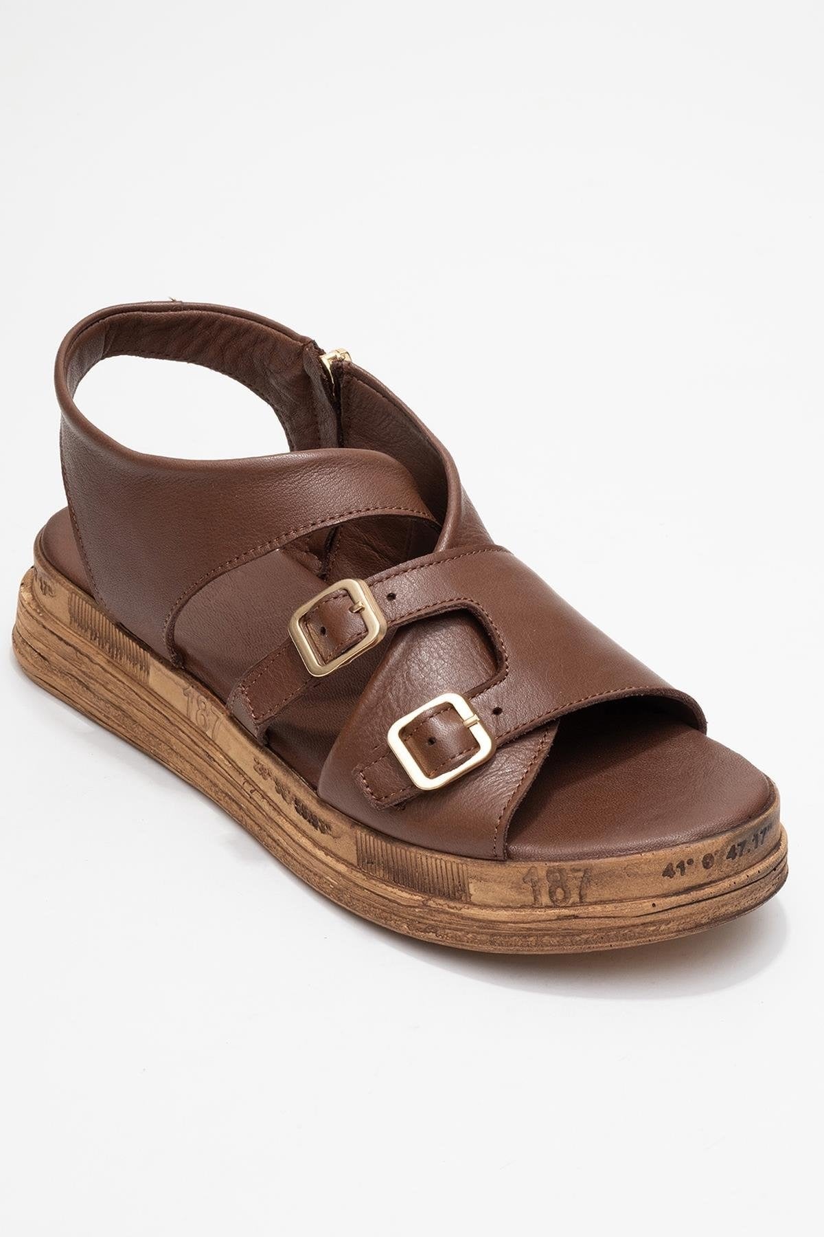 Levine Brown Leather Buckled Side-Zip Sandal (Women)