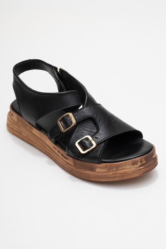 Levine Black Leather Buckled Side-Zip Sandal (Women)