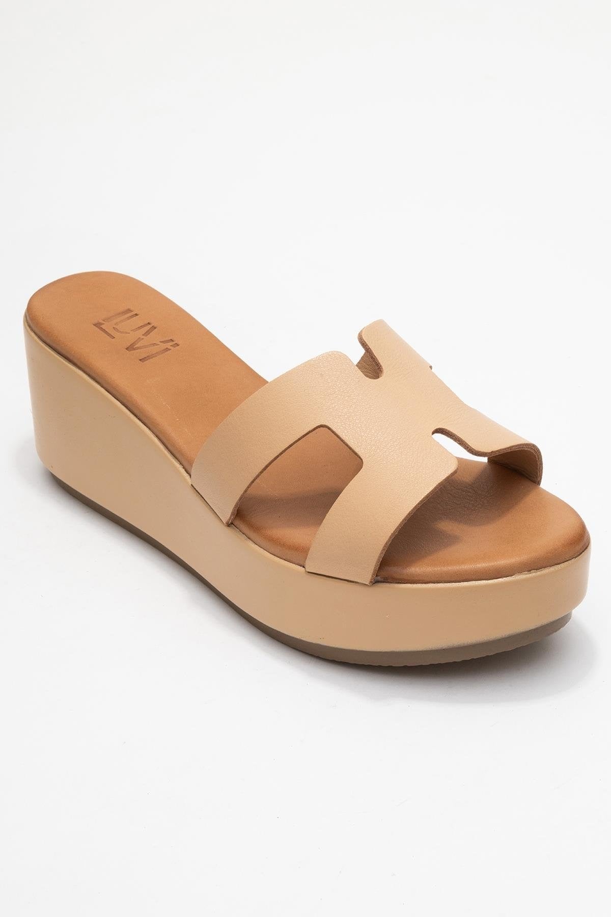 Lia Dark Beige Leather Platform Slide (Women)
