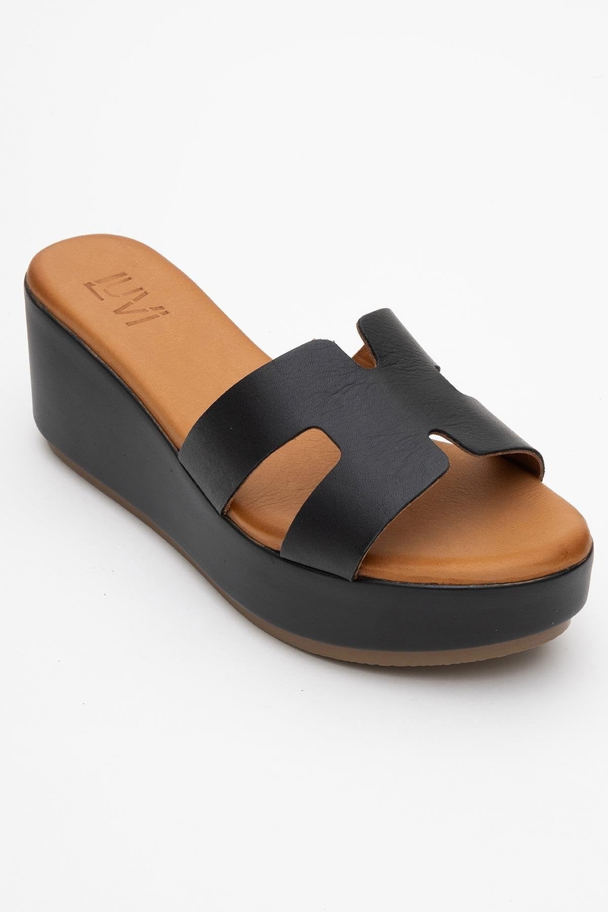 Lia Black Leather Platform Slide (Women)