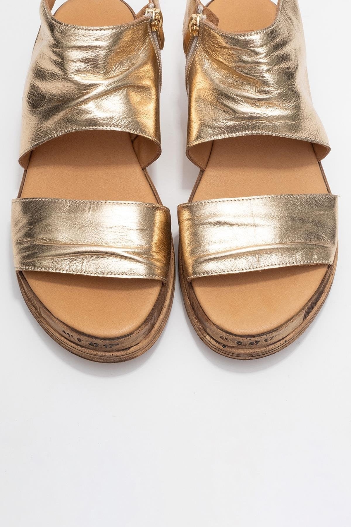 Lunas Gold Leather Side‑Zip Flat Heel Sandal (Women)