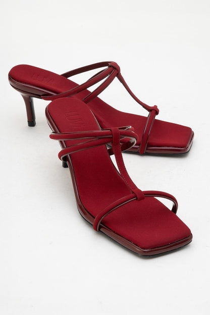 Mocha Burgundy Square‑Toe Thin‑Strap Heel Sandal (Women)