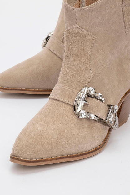 Any Beige Leather Jeweled Boot (Women)