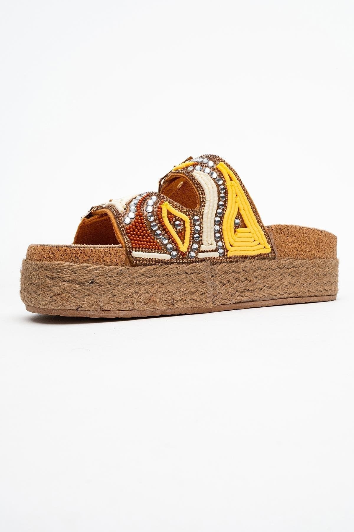 Bobby Yellow Beaded Straw Platform Slide (Women)