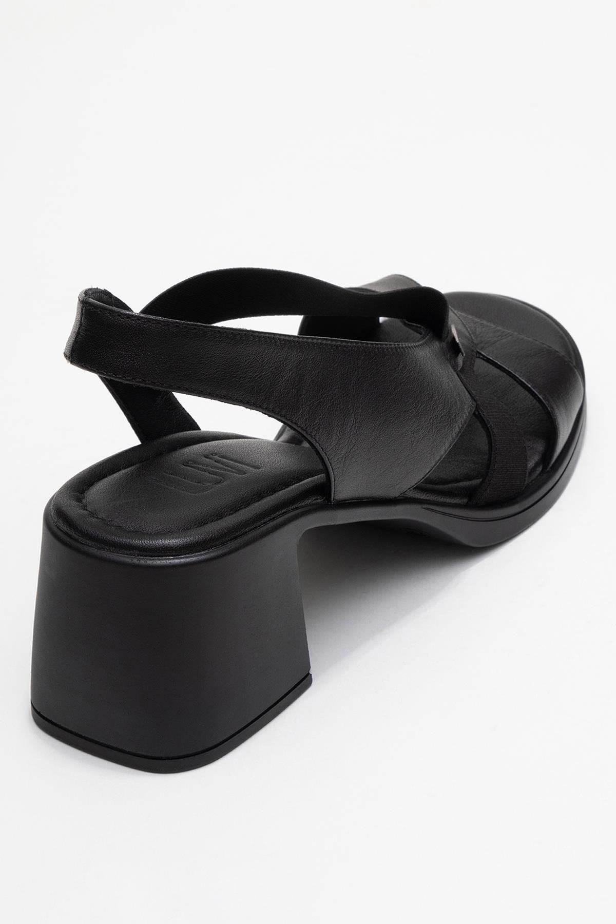 Crina Black Elasticated Leather Chunky Heel Sandal (Women)