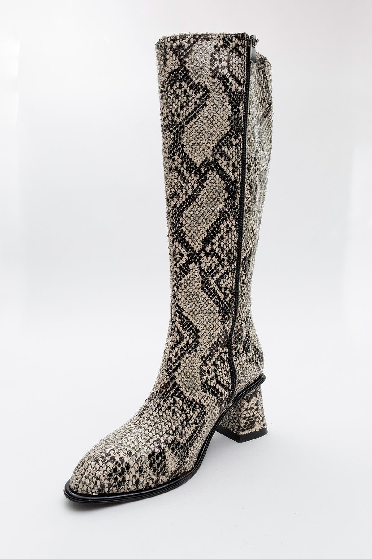 Elly Black White Pattern Block Heel Boot (Women)