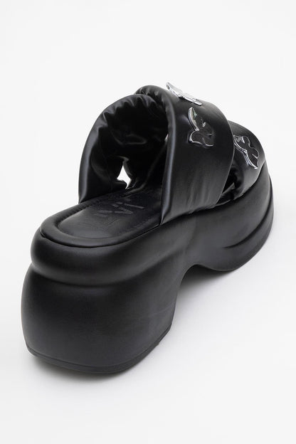 Force Black Butterfly‑Buckle Platform Slide (Women)