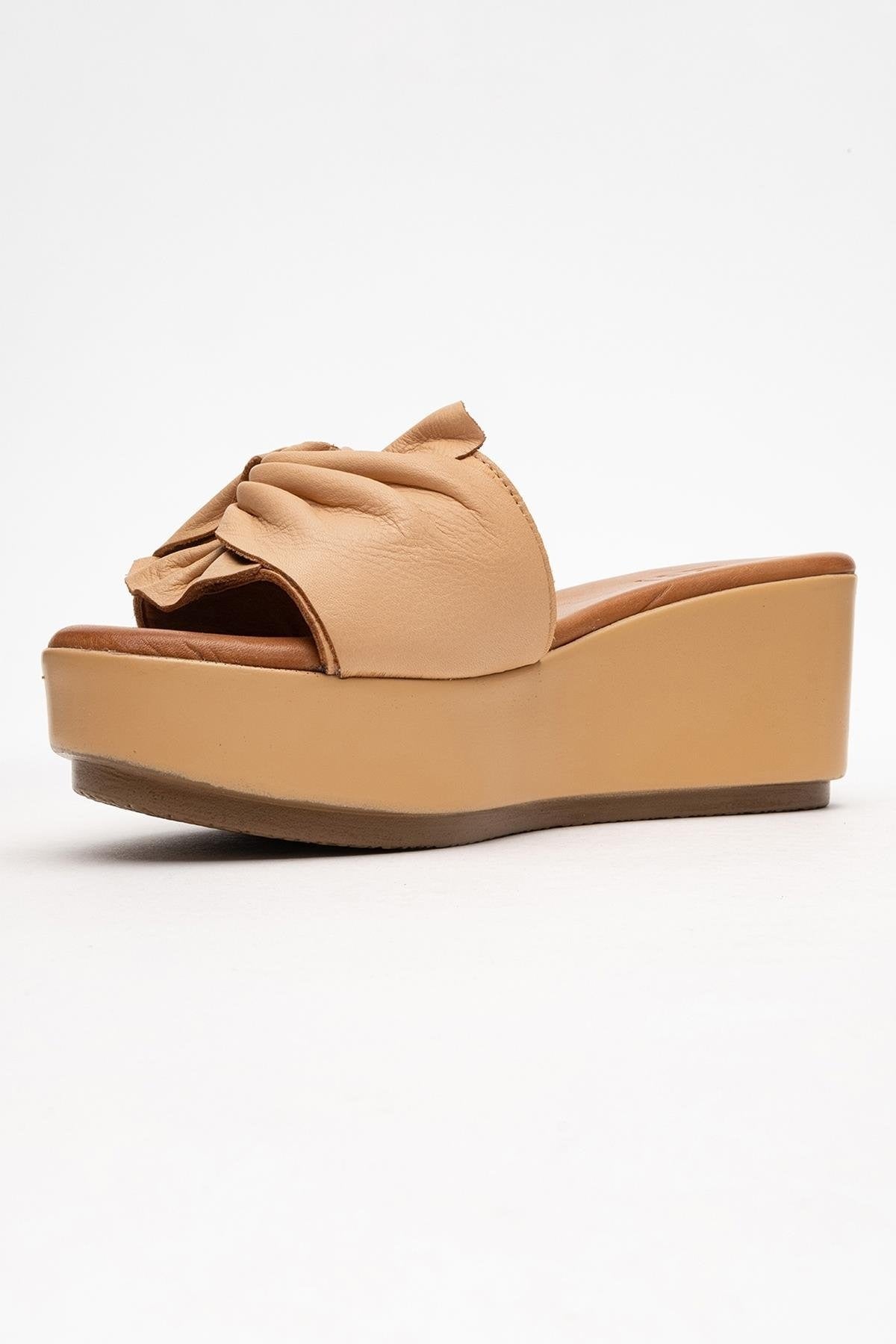 Syndra - Dark Beige Bow Wedge Leather Sandal (Women)