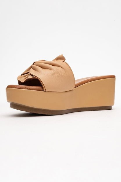 Syndra - Dark Beige Bow Wedge Leather Sandal (Women)