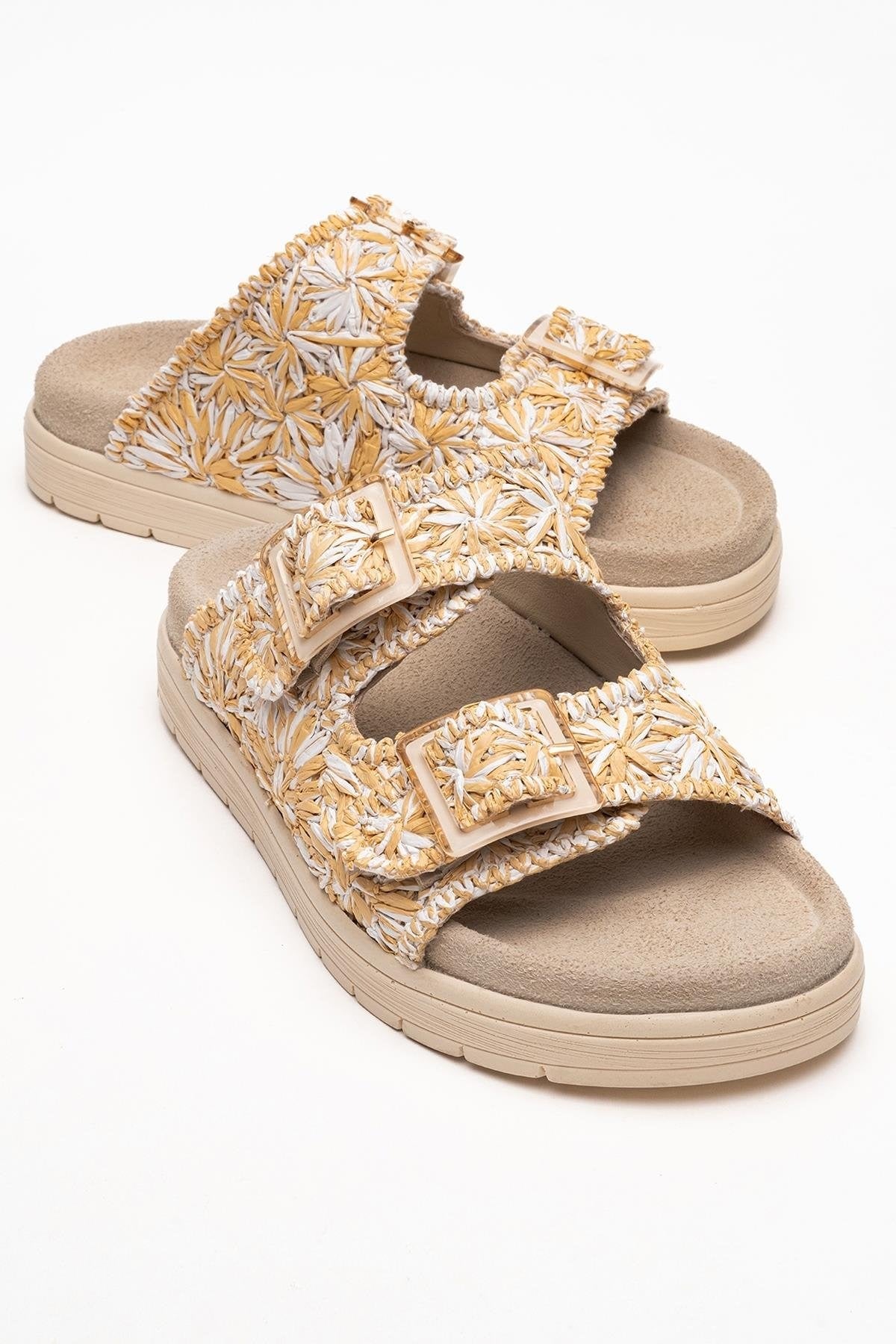 Milana Beige Leather Double‑Strap Slide (Women)