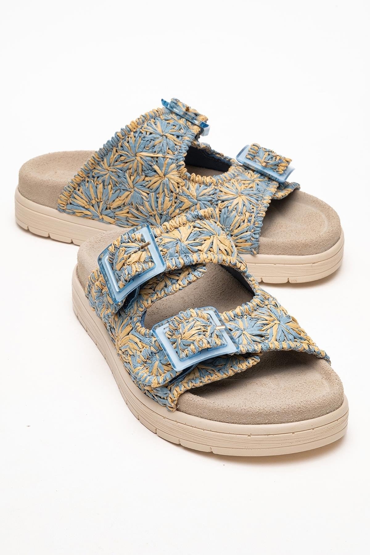 Milana Blue Leather Double‑Strap Slide (Women)