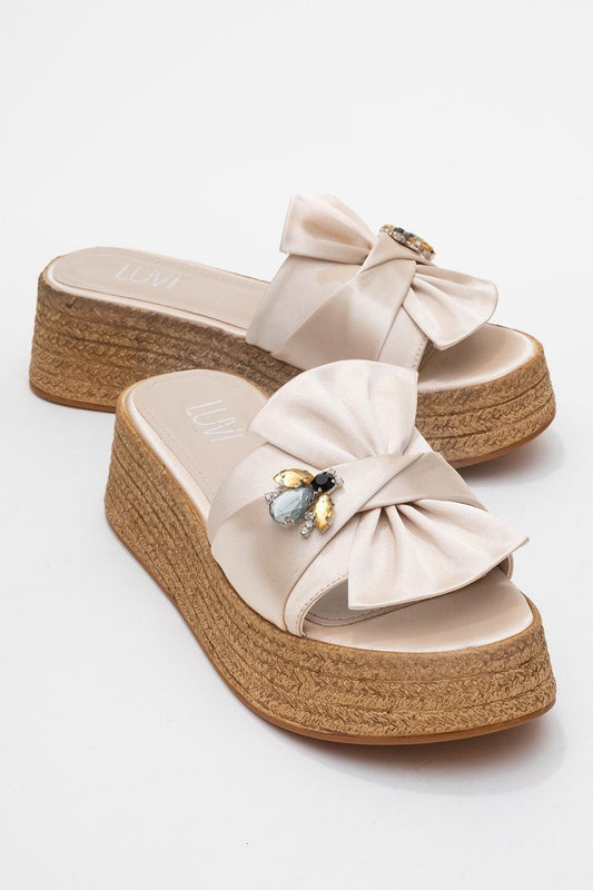 Shara Beige Satin Bow & Bee Buckle Platform Sandal (Women)