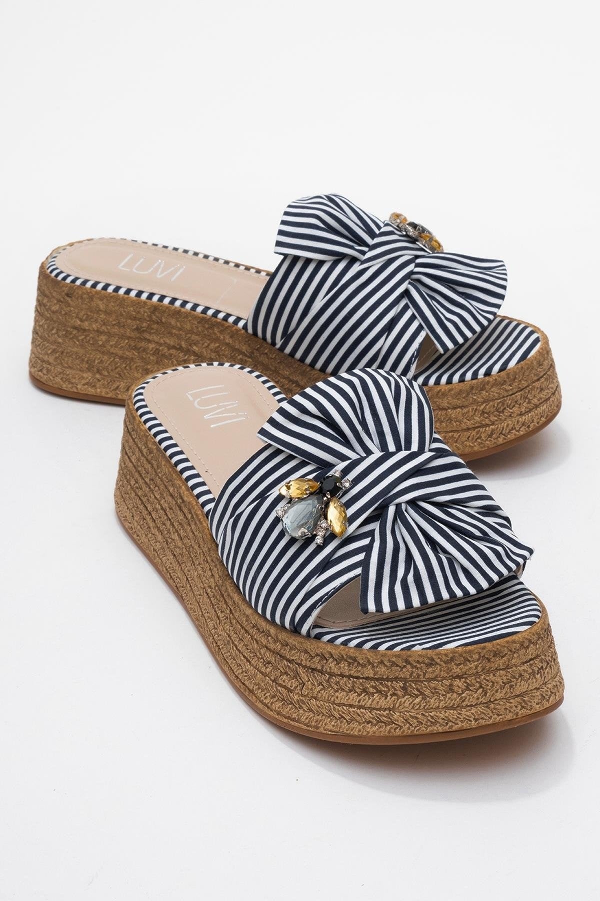 Shara Navy & White Striped Bow & Bee Buckle Platform Sandal (Women)