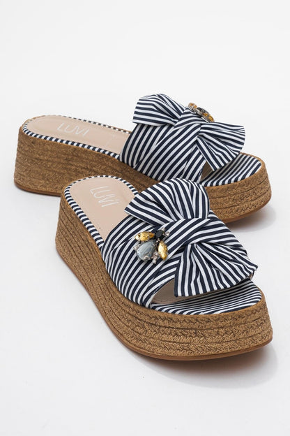 Shara Navy & White Striped Bow & Bee Buckle Platform Sandal (Women)