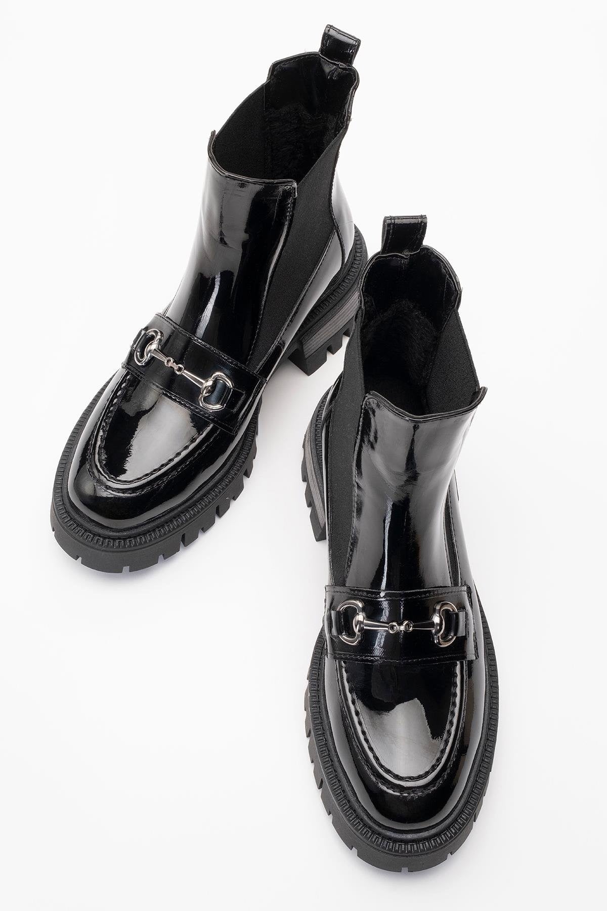 Vesper Black Patent Buckled Chelsea Boot (Women)