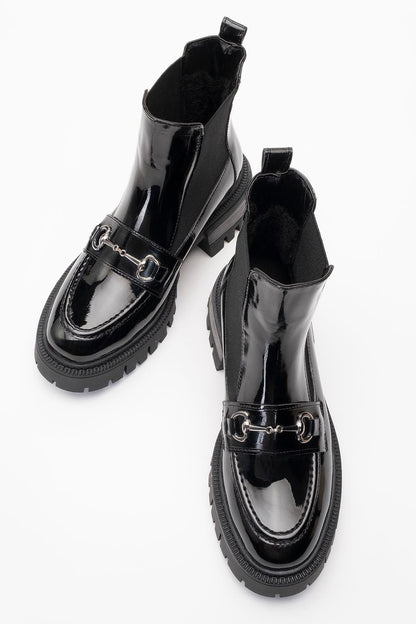 Vesper Black Patent Buckled Chelsea Boot (Women)