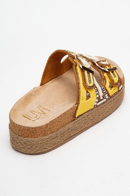 Bobby Yellow Beaded Straw Platform Slide (Women)